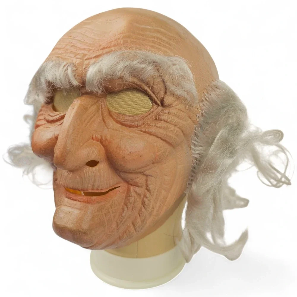 Vintage Old Man Latex Mask Grandfather Grey Hair Mesh Eyes Halloween Costume VTG